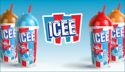 Four ICEE beverages beside the ICEE logo